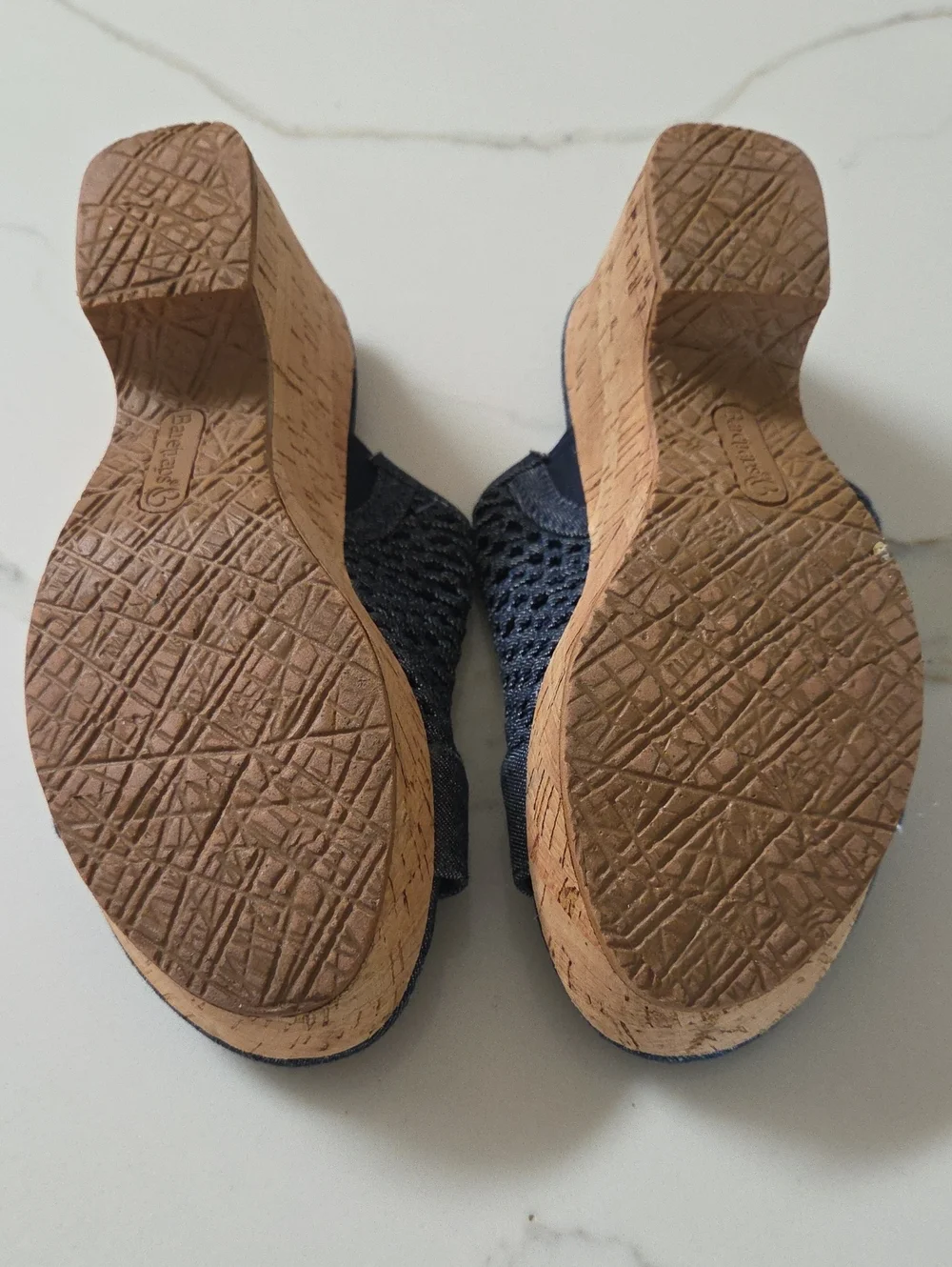 Baretraps Bethie Wedge, Denim Navy Woven Open-Toe Cork Wedge Mules